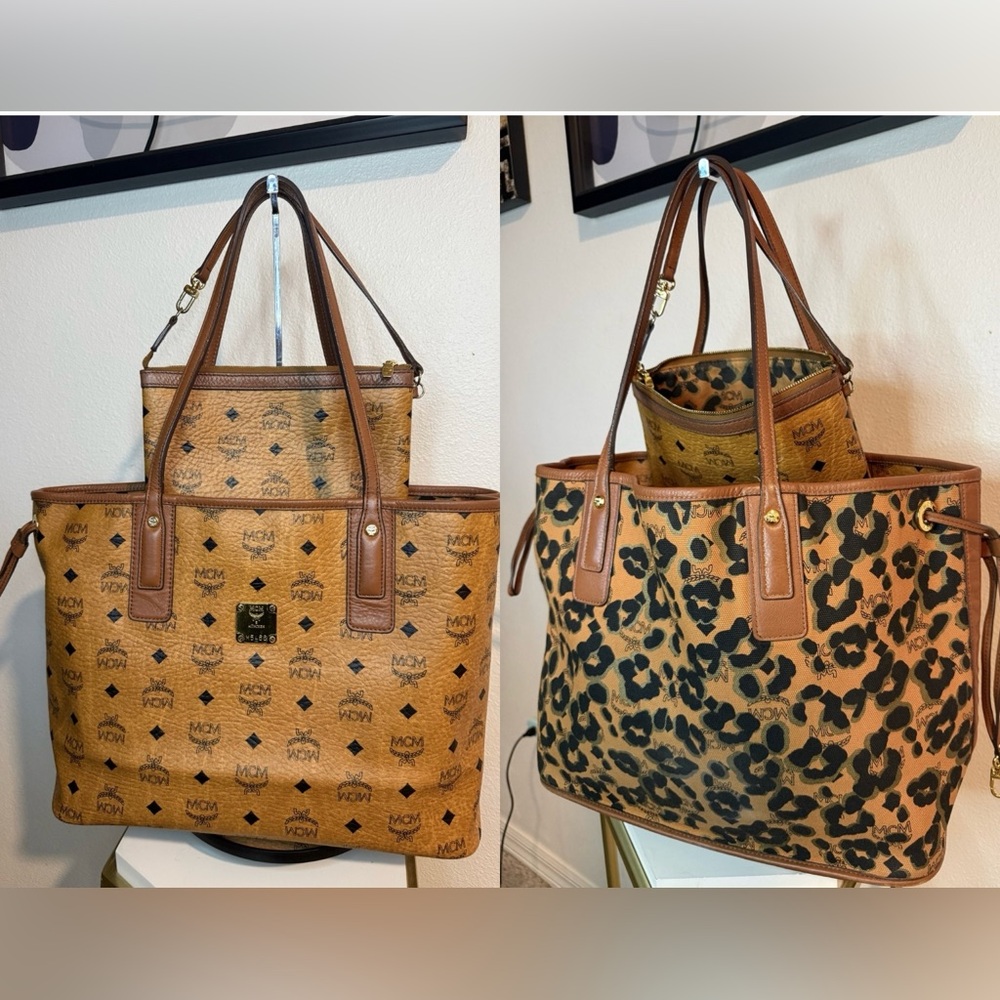 Authentic MCM Reversible Liz Shopper Tote Bag with Pouch Visetos & Leopard